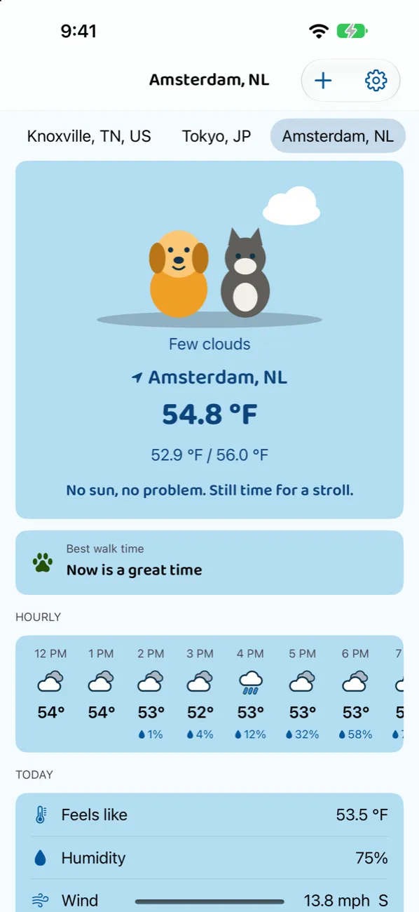 Today's weather in Amsterdam, with Sunny and Misty under a partly cloudy sky
