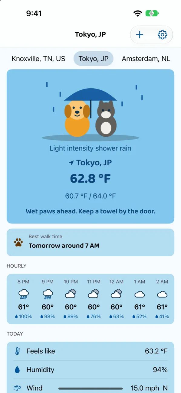 Sunny and Misty under an umbrella in Tokyo, with light rain, 62.8°F and the best walk time tomorrow around 7 AM