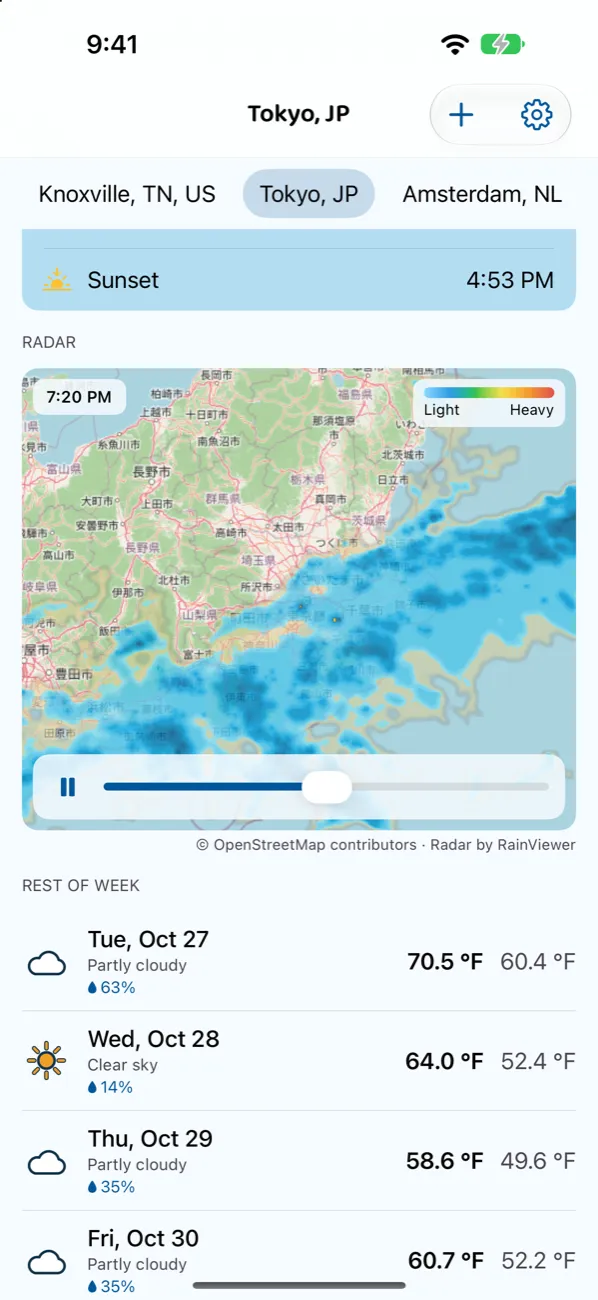 The rain radar map and the 7-day forecast